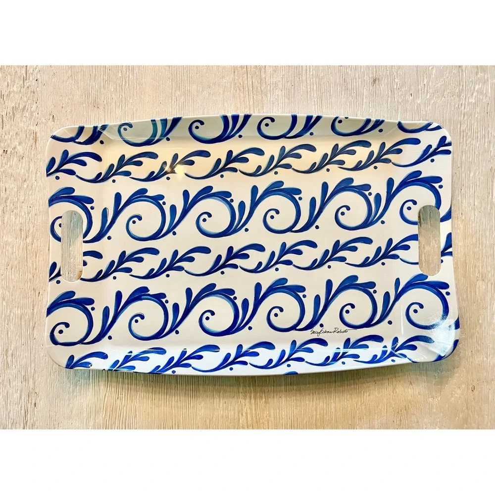 Lucy Edson Roberts Melamine Serving Tray Blue White Scroll Platter with Handles